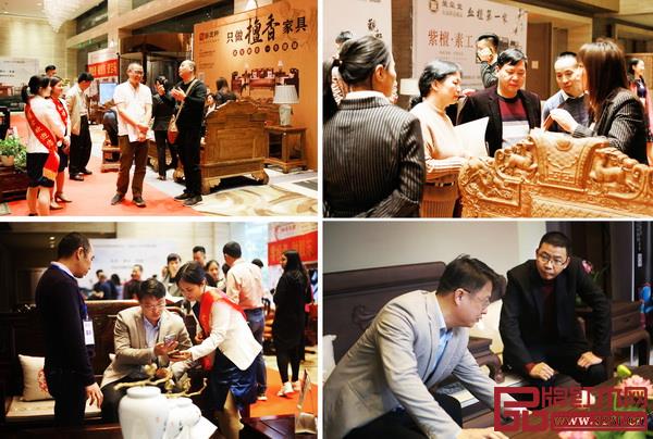  “2019匠心最美紅木新品品鑒會(huì)”現(xiàn)場(chǎng)，眾多經(jīng)銷商認(rèn)真了解、體驗(yàn)紅木家具新品