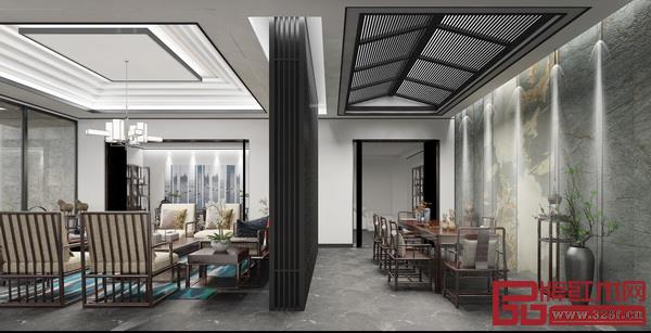  司設(shè)房新中式展廳空間設(shè)計(jì)中的留白，也稱為負(fù)空間，并不一定是白色，而是為了舒適的視覺對(duì)象和審美需求，創(chuàng)造出一個(gè)強(qiáng)大的視覺焦點(diǎn)，并為它帶來呼吸的空間