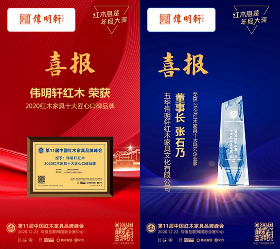 偉明軒紅木蟬聯(lián)“紅木家具十大匠心口碑品牌”，董事長張石乃榮獲“紅木家具十大風(fēng)云企業(yè)家”